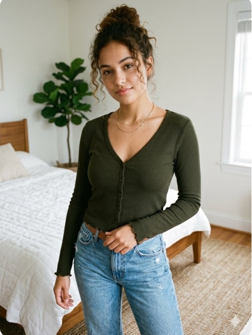 Live in the Moment Ribbed Lettuce Edge Top Small Olive Green Faux Button Front